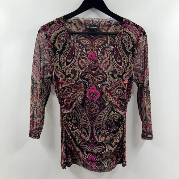 INC International Concepts Paisley Mesh Sleeve Top V-Neck Size Large - Picture 1 of 8